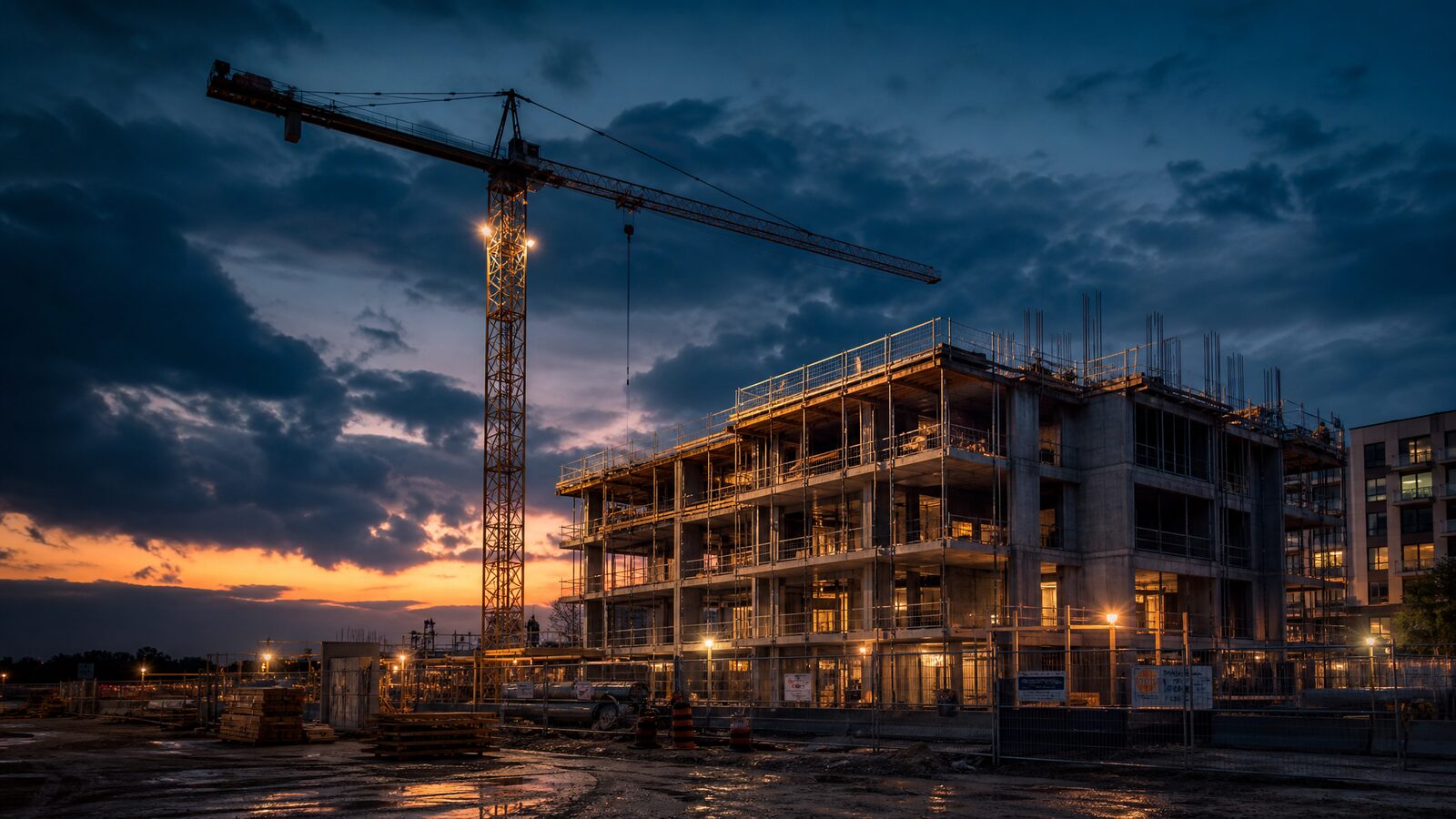 Obra de construcción residencial al atardecer