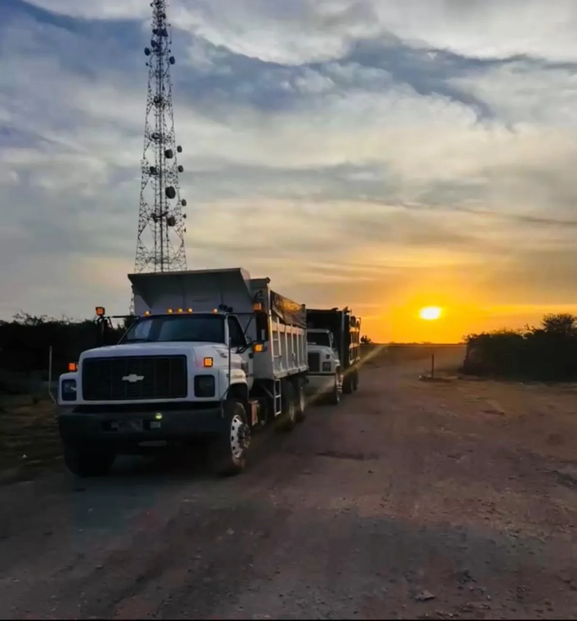 Caravana de volquetas al atardecer