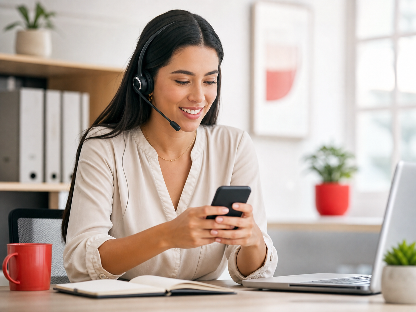 Asesora respondiendo consultas desde su teléfono